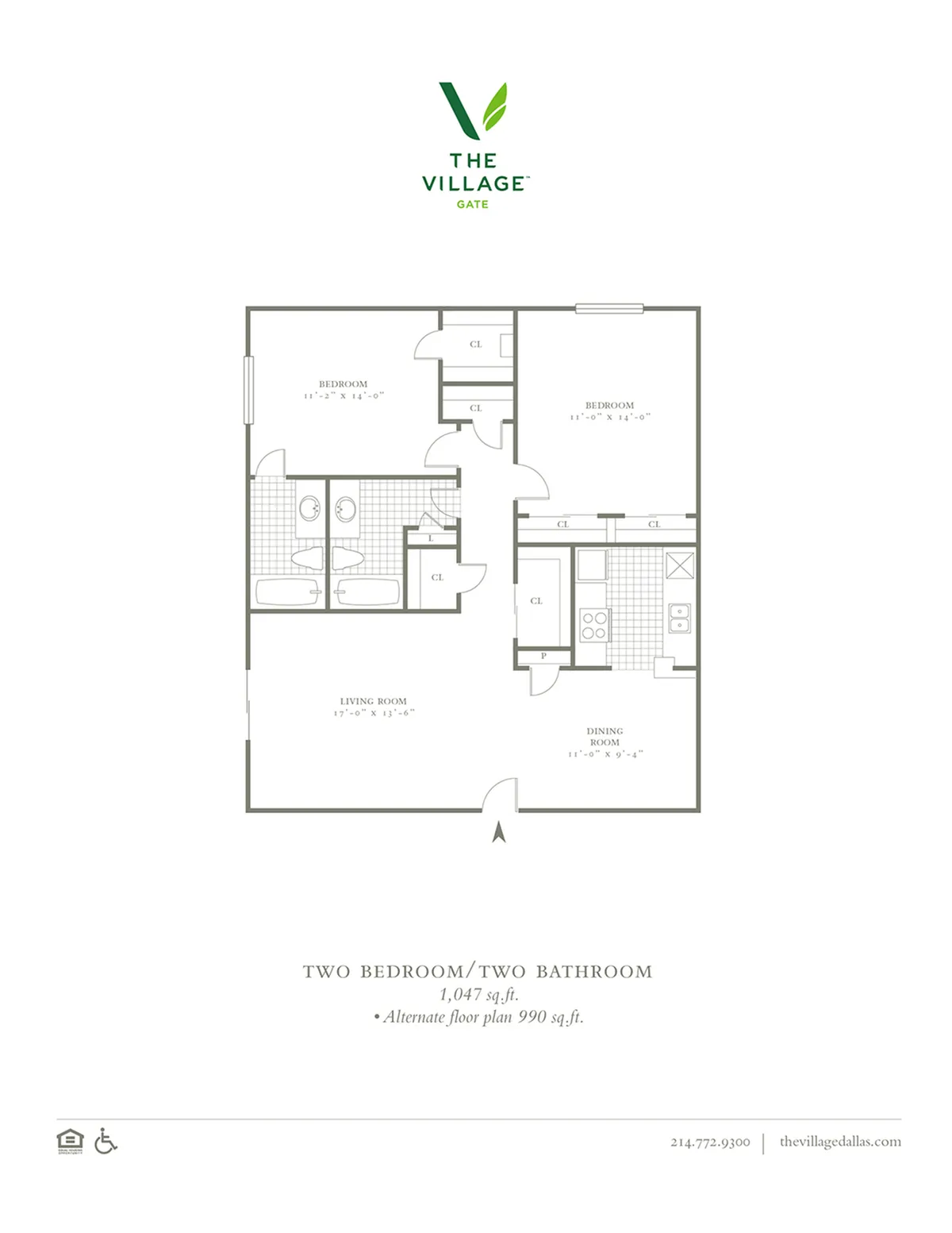 2 Bed, 1 Bath. 990/1047 Sqft.