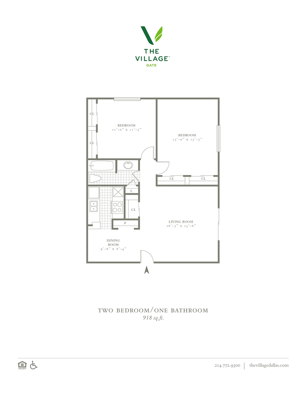 2 Bed, 1 Bath. 918 Sqft.