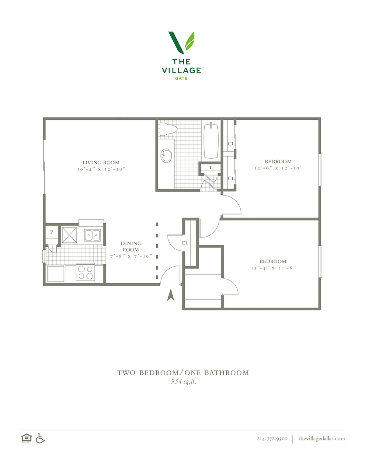 2 Bed, 1 Bath. 934 Sqft.