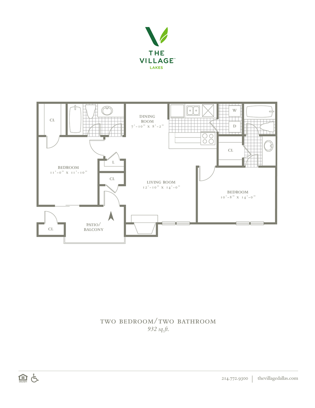 Two Bedroom/Two Bath- 932 sf