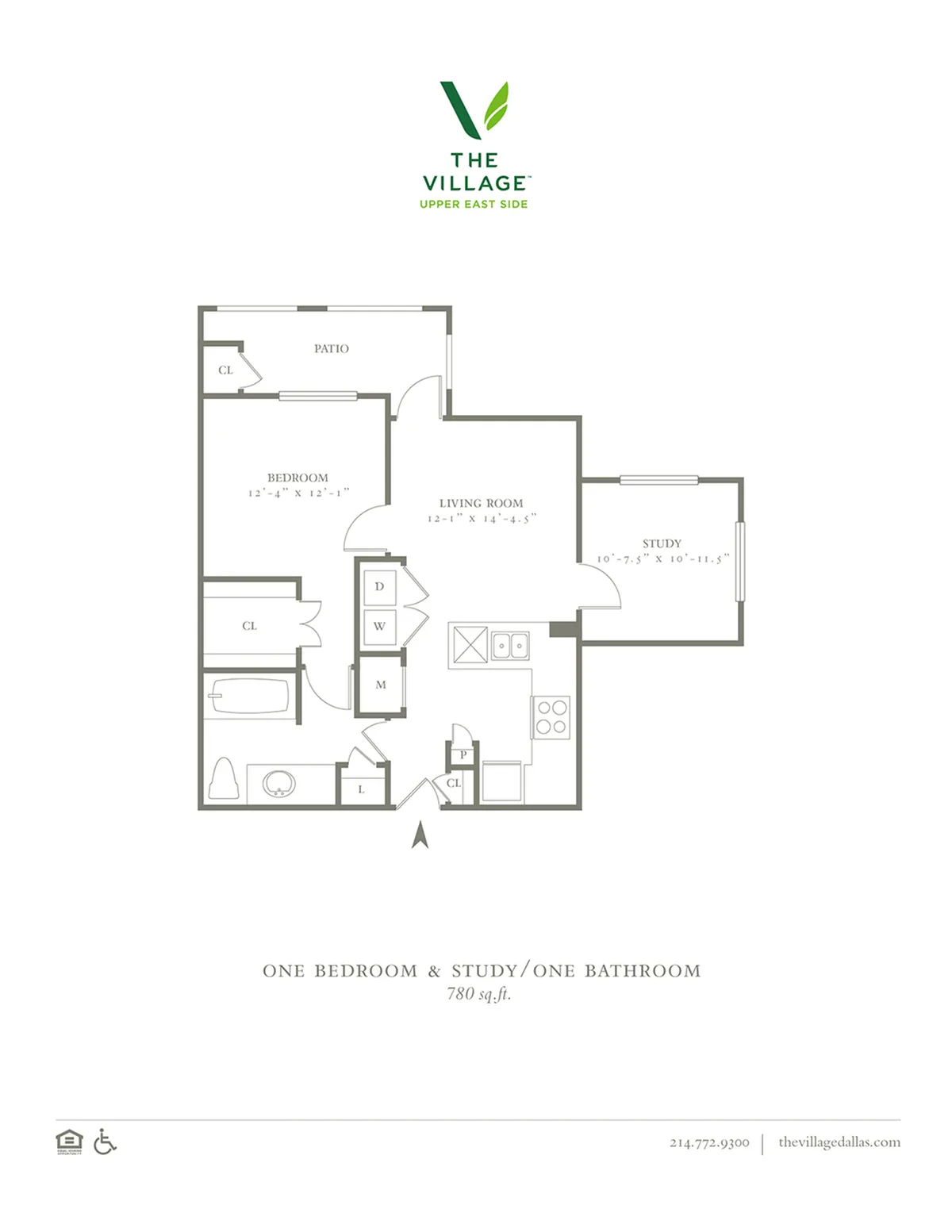 One Bedroom and Study/One Bath - 780sf