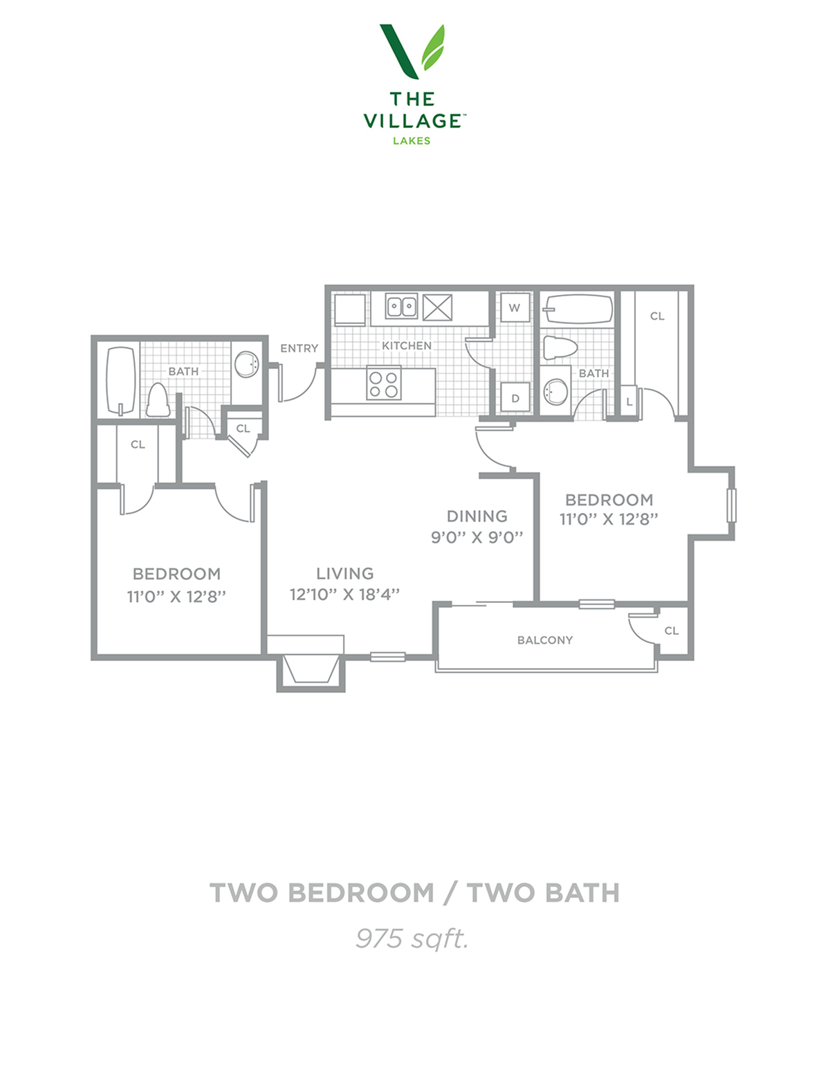 Two Bedroom/Two Bath- 975 sf