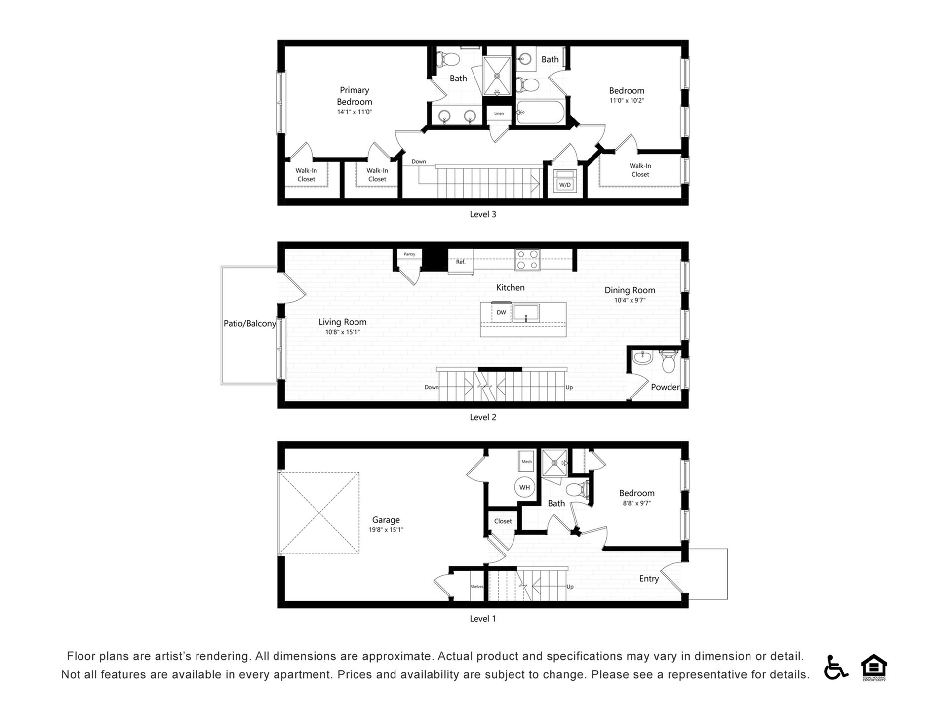 Contemporary three-level floor plan featuring three bedrooms, open living area with patio, and expansive garage space.