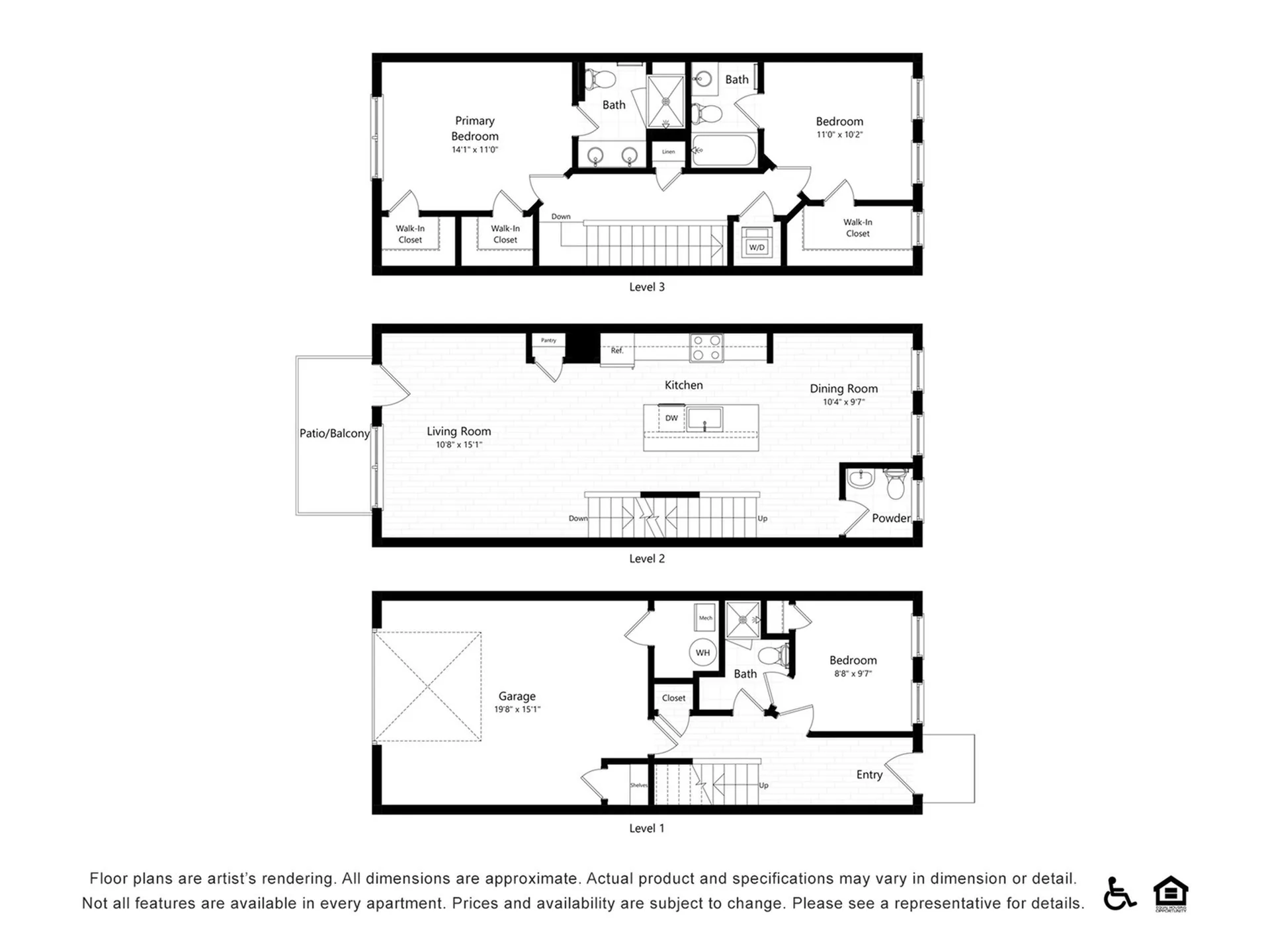 Charming three-level floor plan featuring three bedrooms, an open-concept kitchen and dining area, spacious living room with patio access, and a convenient garage.