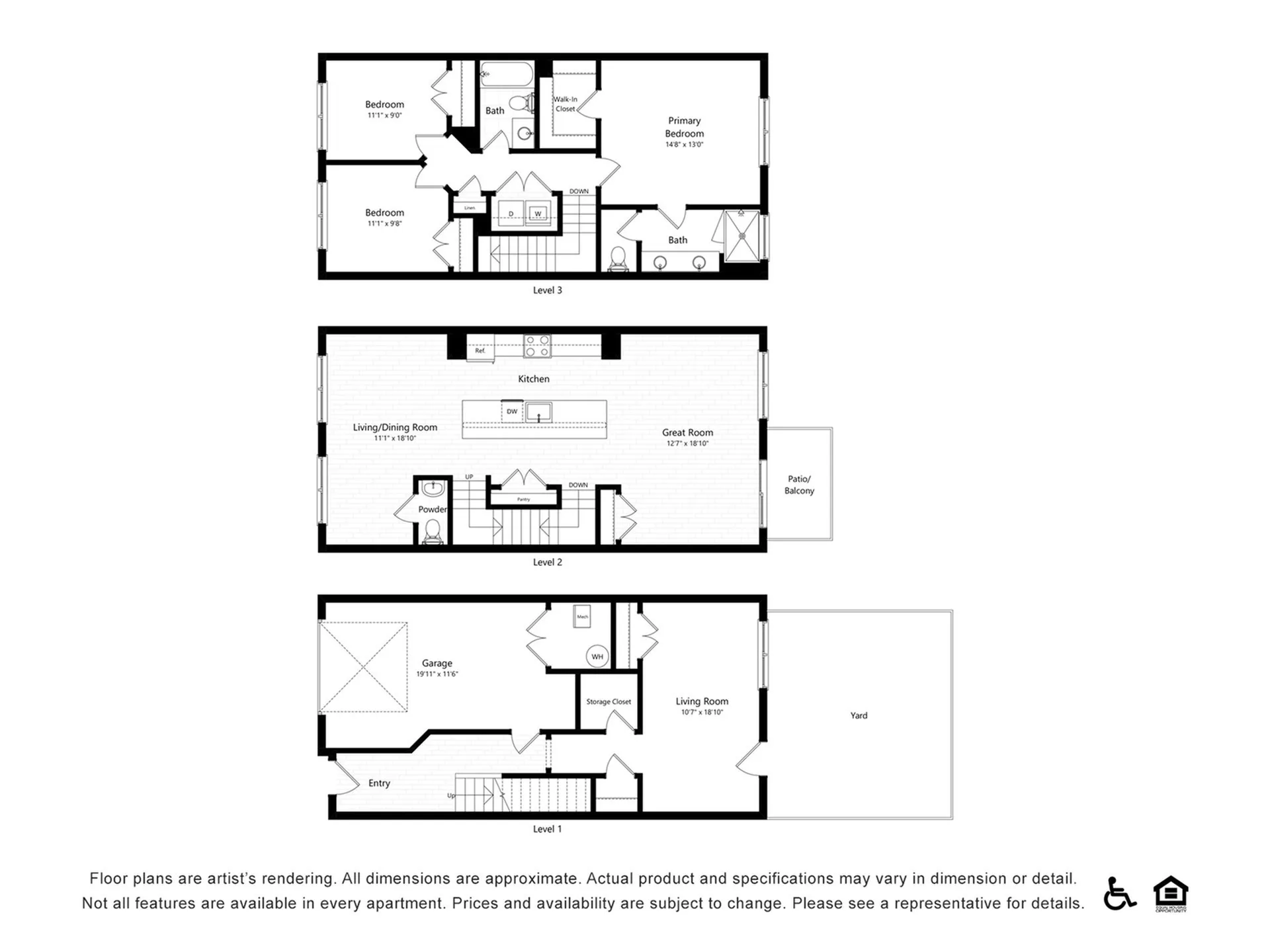 Elegant multi-level floor plan featuring 3 bedrooms, a spacious great room, and a modern kitchen with island. Includes a garage, patio, and yard, emphasizing luxurious living and comfort.