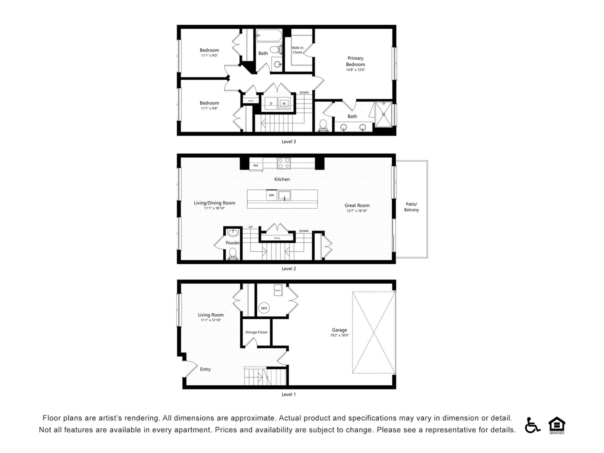 Elegant multi-level floor plan with 3 bedrooms, open-concept living area, modern kitchen, and spacious great room with patio access.