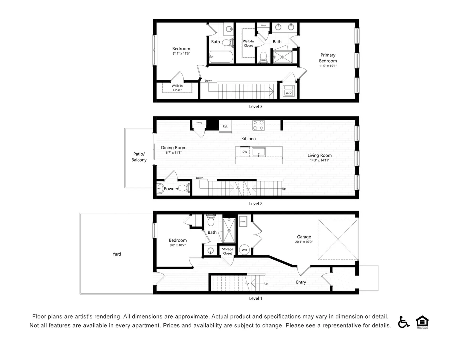 Elegant three-level floor plan showcasing 2 bedrooms, open kitchen, living area, and garage, with added yard and balcony spaces.