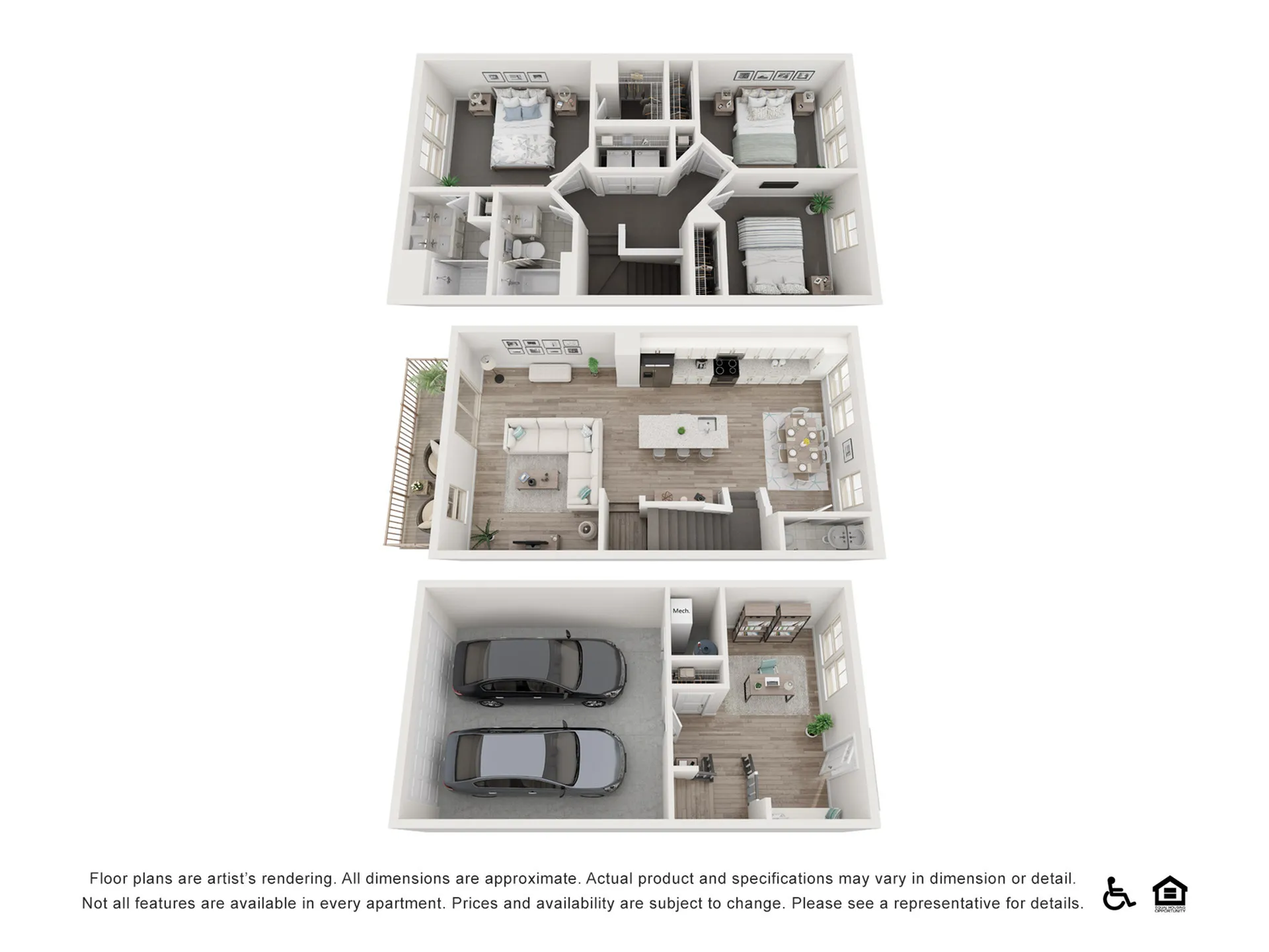 Elegant 3D floor plan showcasing 3 bedrooms, a modern kitchen, spacious living area, and double garage.