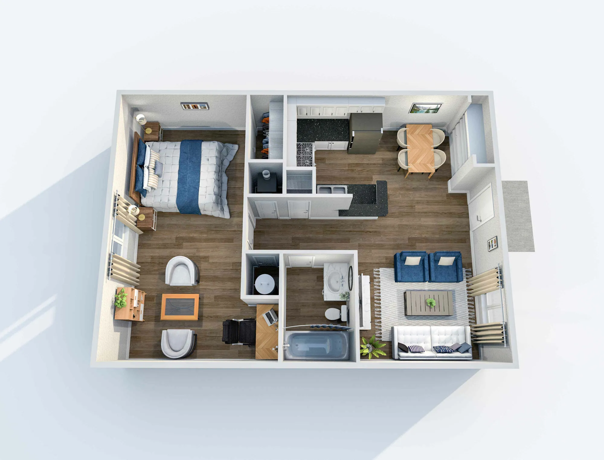 3D floor plan showcasing 1 bedroom, cozy living area, and modern kitchen with dining space.