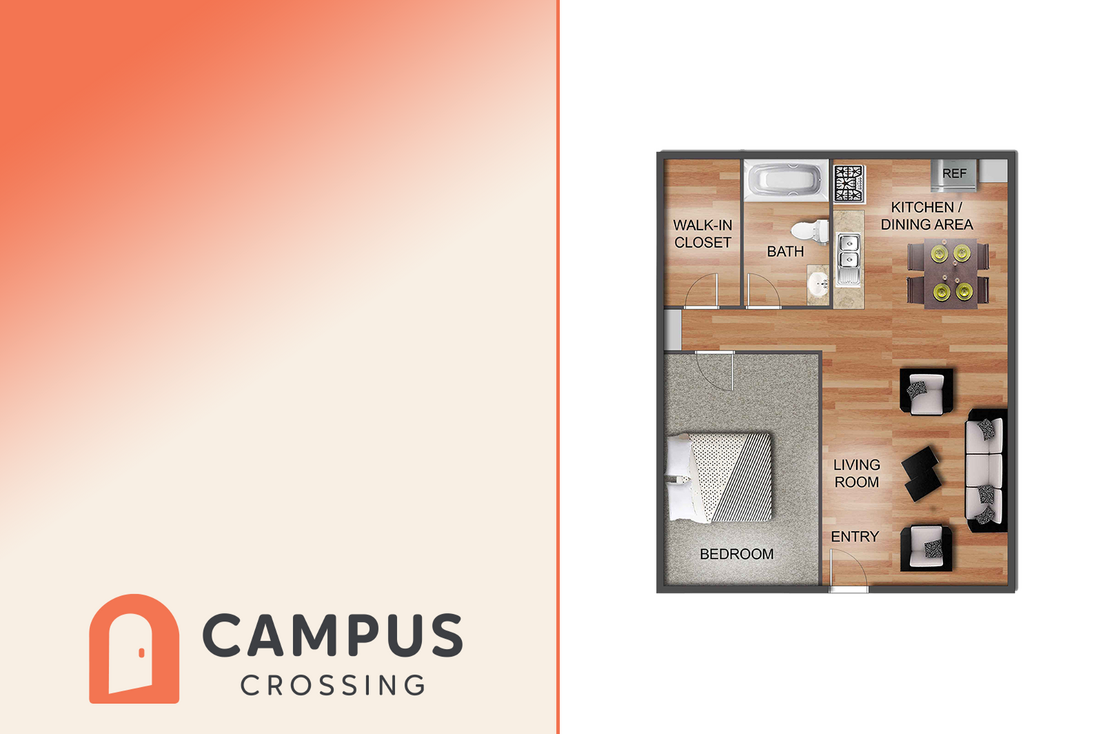 Campus Crossing floor plan showcasing a cozy layout with one bedroom, a spacious walk-in closet, a sleek bathroom, an open kitchen/dining area, and a comfortable living room.