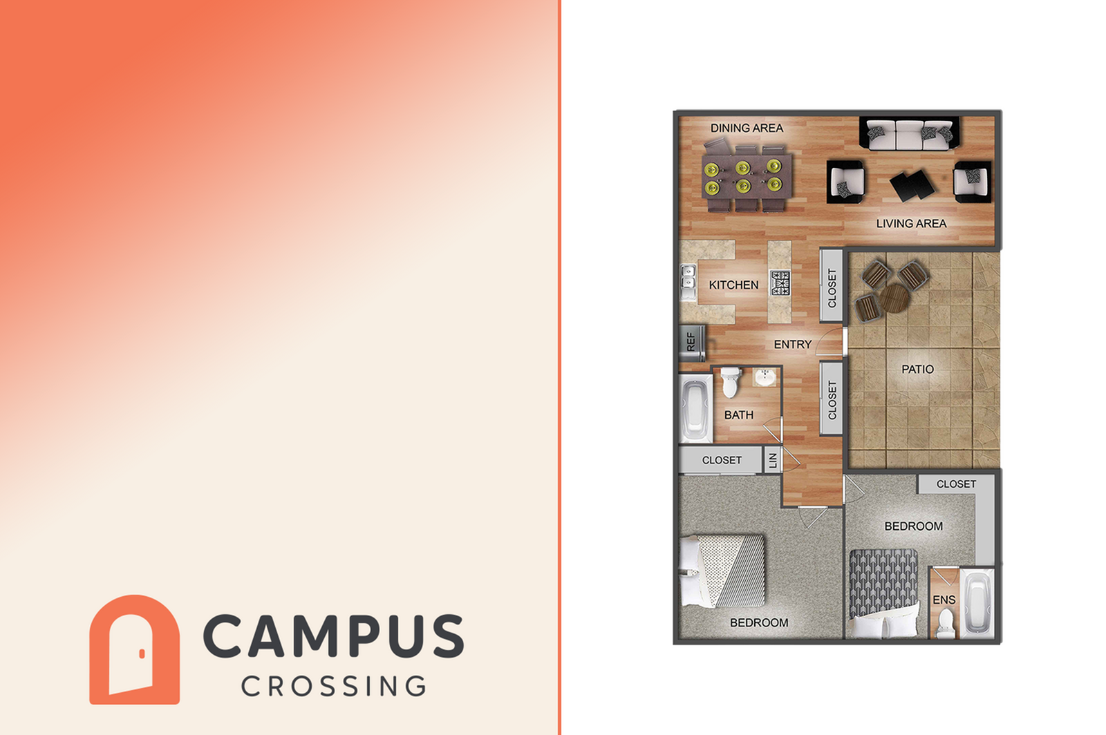 Inviting apartment floor plan featuring 2 bedrooms, cozy living and dining areas, modern kitchen, and a spacious patio at Campus Crossing.