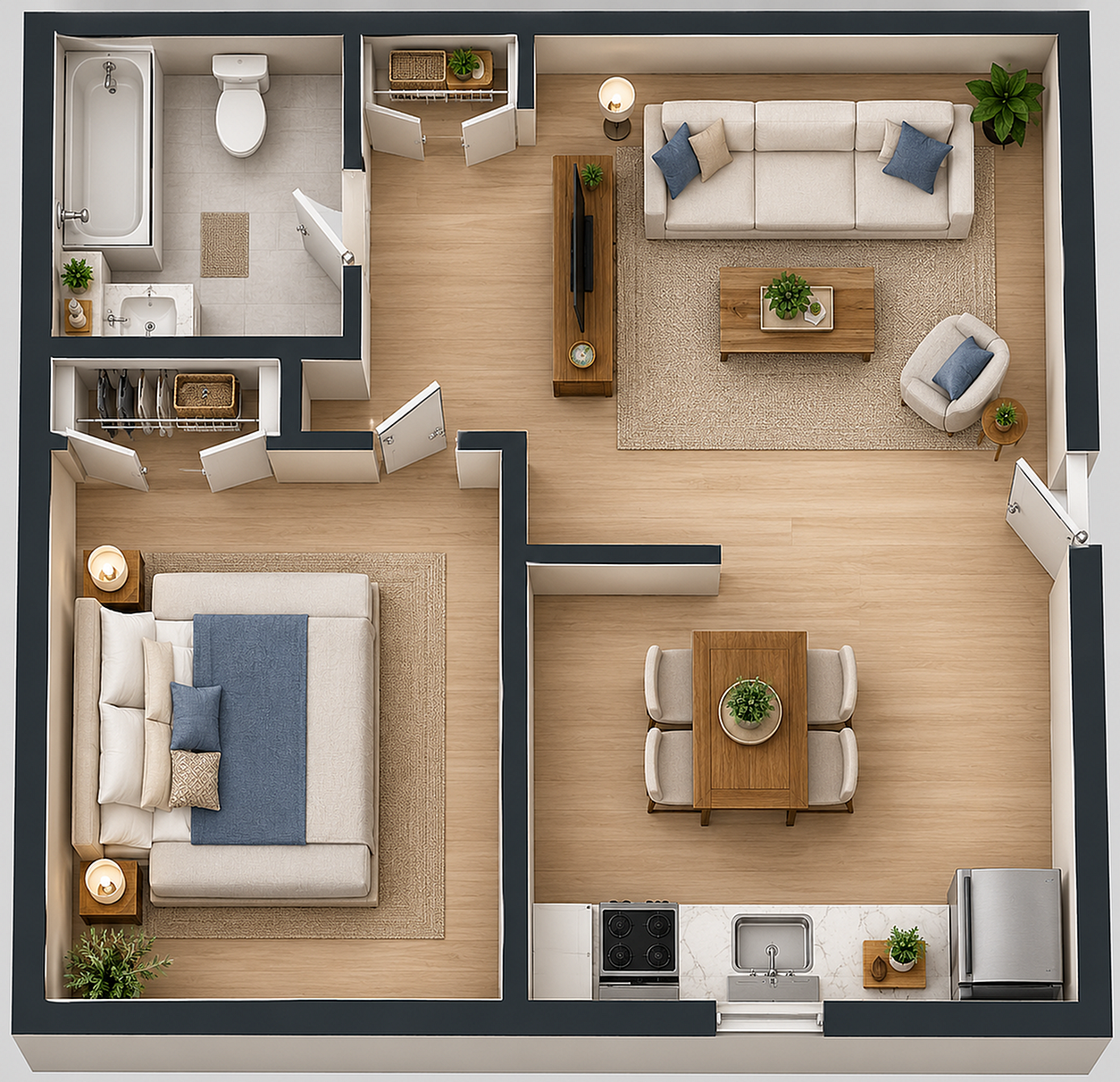 Cozy floor plan showcasing a modern one-bedroom apartment with an open-concept living and dining area, stylish kitchen, and a well-appointed bathroom.