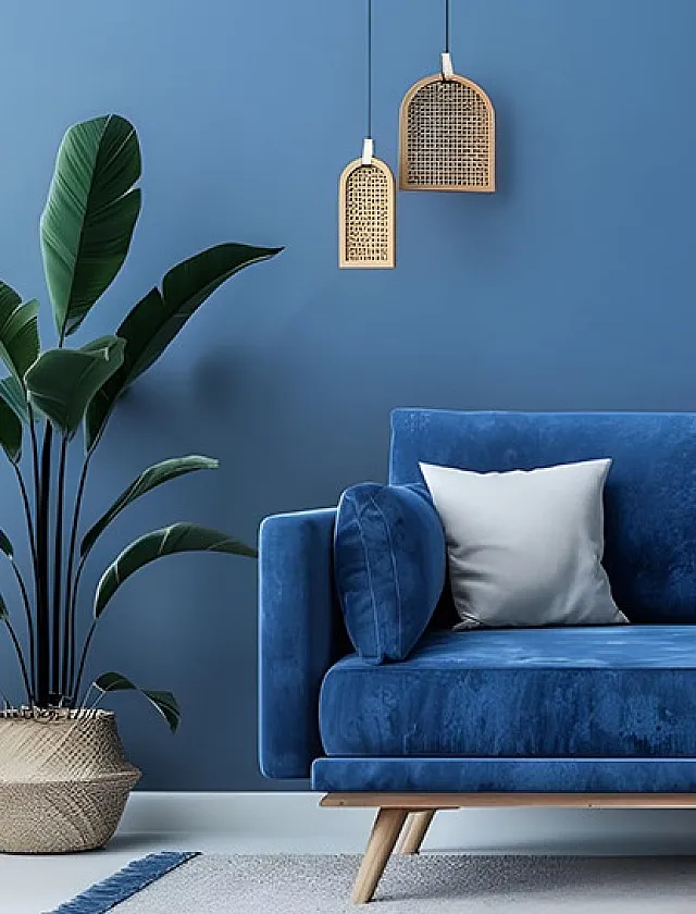 Stylish living room with a plush blue sofa, vibrant plant, and elegant pendant lighting against a blue wall.
