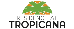 Stylized logo featuring a green palm design with an orange arc and the text 'Residence at Tropicana'.