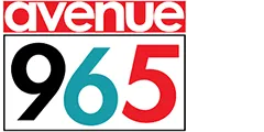 Logo of Avenue 965 with bold red and blue typography.
