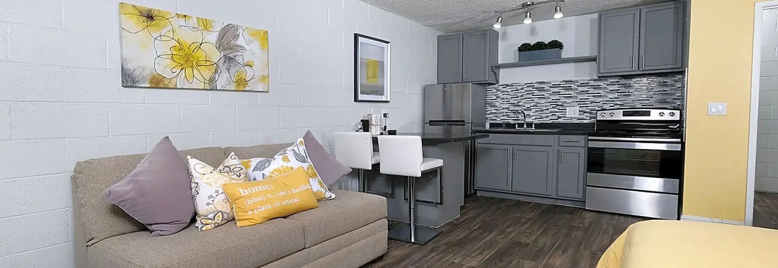 Bright and cozy living space featuring a stylish kitchen with gray cabinets, modern appliances, and a plush sofa with colorful cushions.