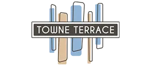 Towne Terrace logo with a modern design featuring abstract building elements.