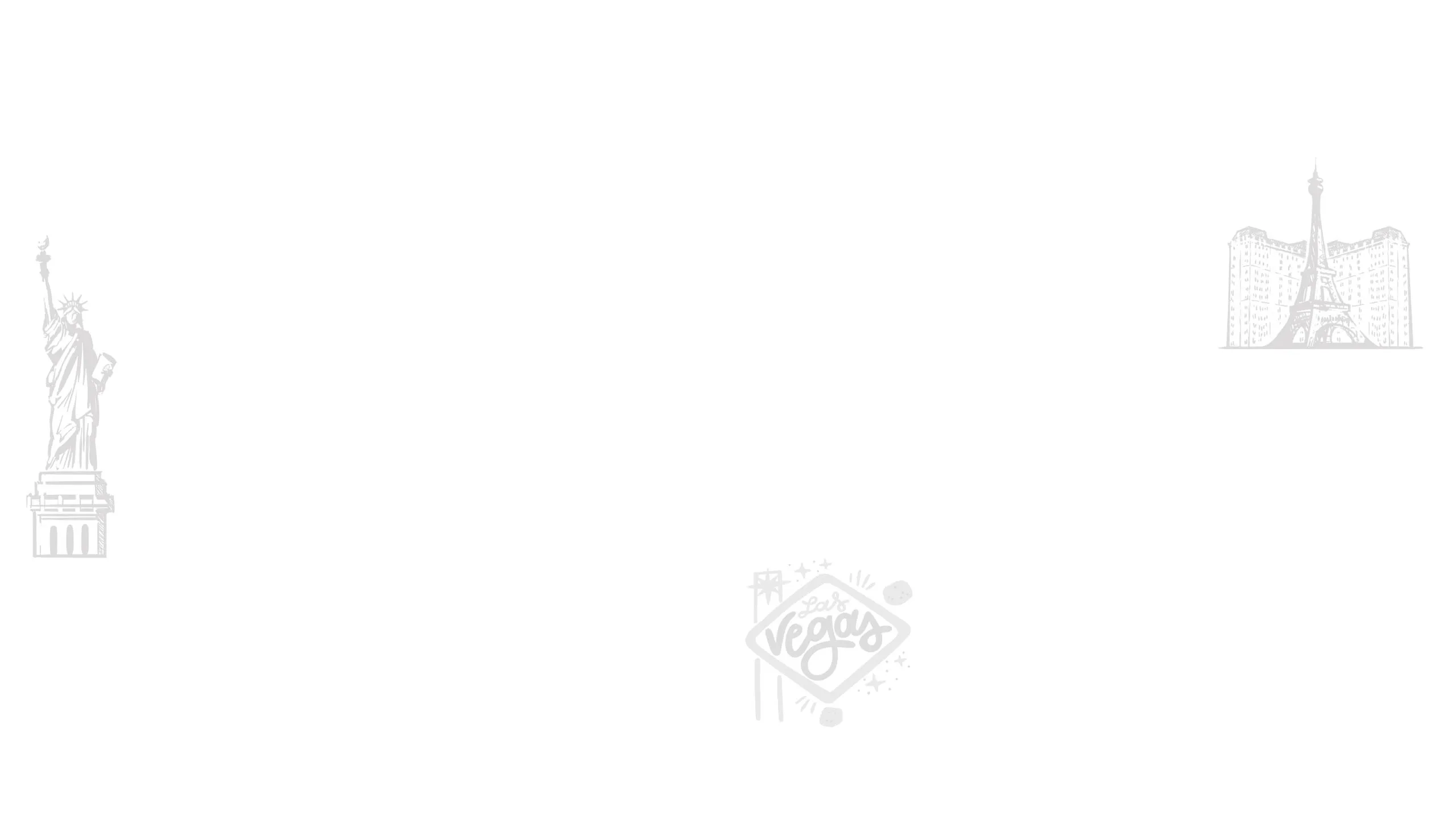 Elegant line art featuring iconic landmarks: Statue of Liberty, Eiffel Tower, and Las Vegas sign, evoking a sense of global adventure.