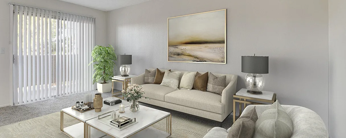 Bright and inviting living room featuring chic decor, a comfortable sofa, and floor-to-ceiling windows with vertical blinds, offering natural light and a cozy atmosphere.