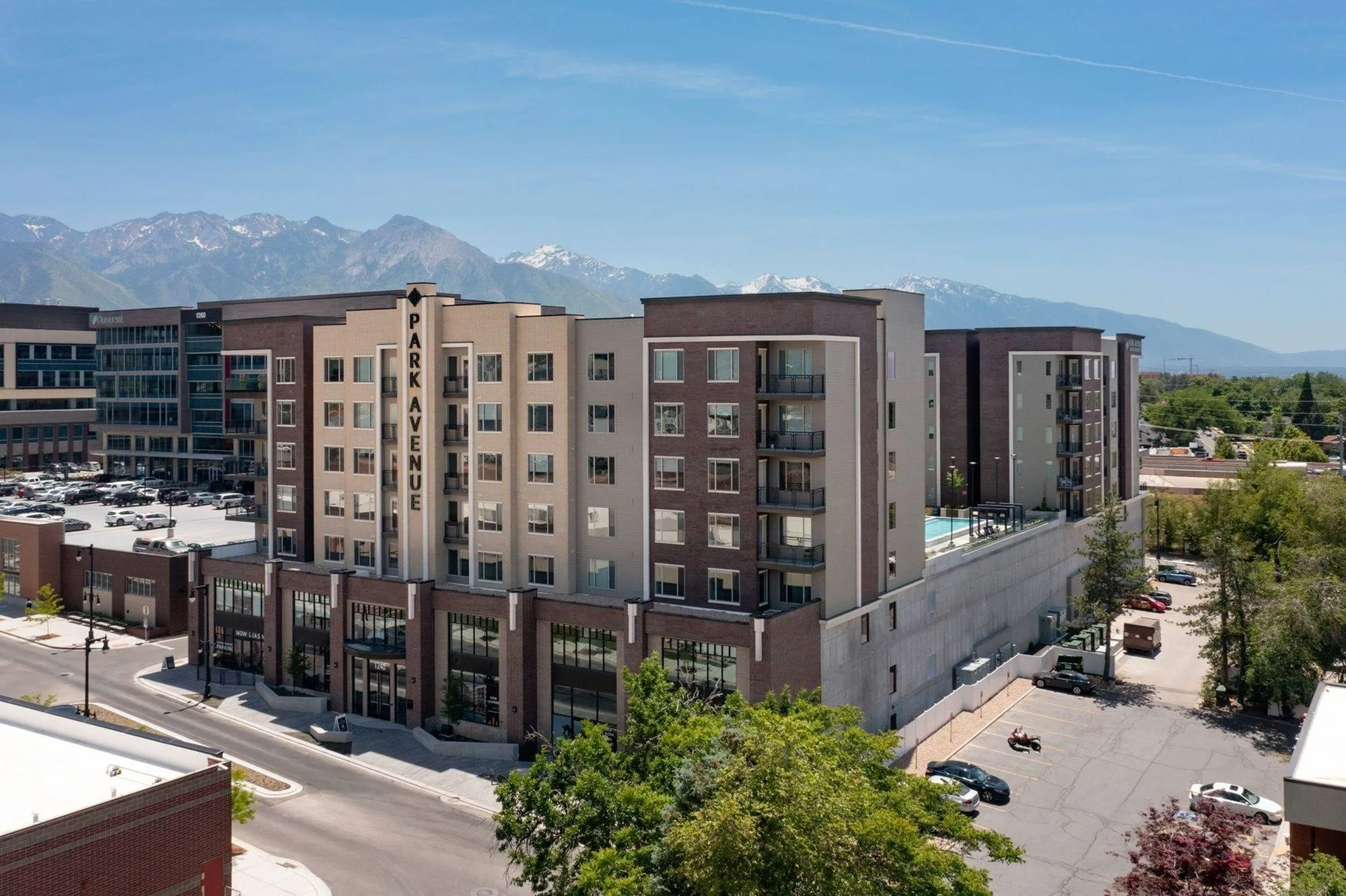View of Park Avenue Pool Showing Building Exterior Showing Mountains in the Background
