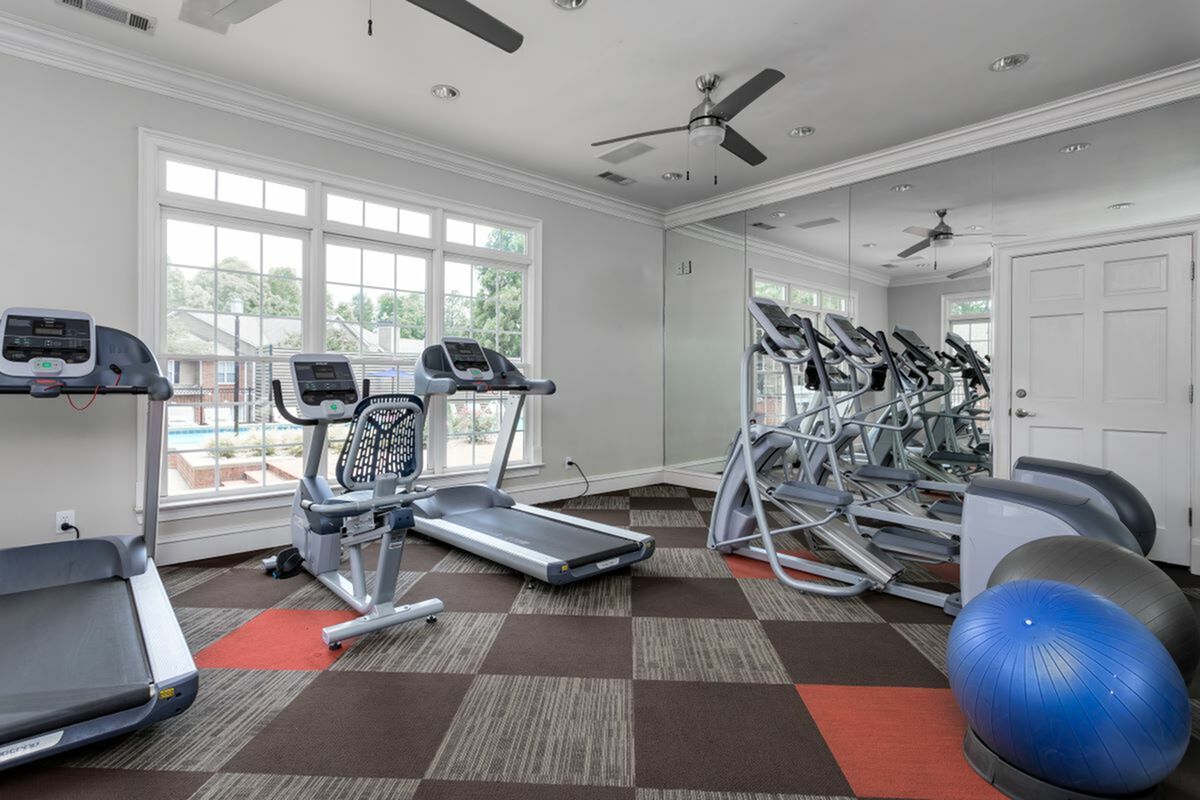 View of Fitness Center, Showing Cardio Machines, Exercise Balls, and Window Views at Retreat at Peachtree City Apartments