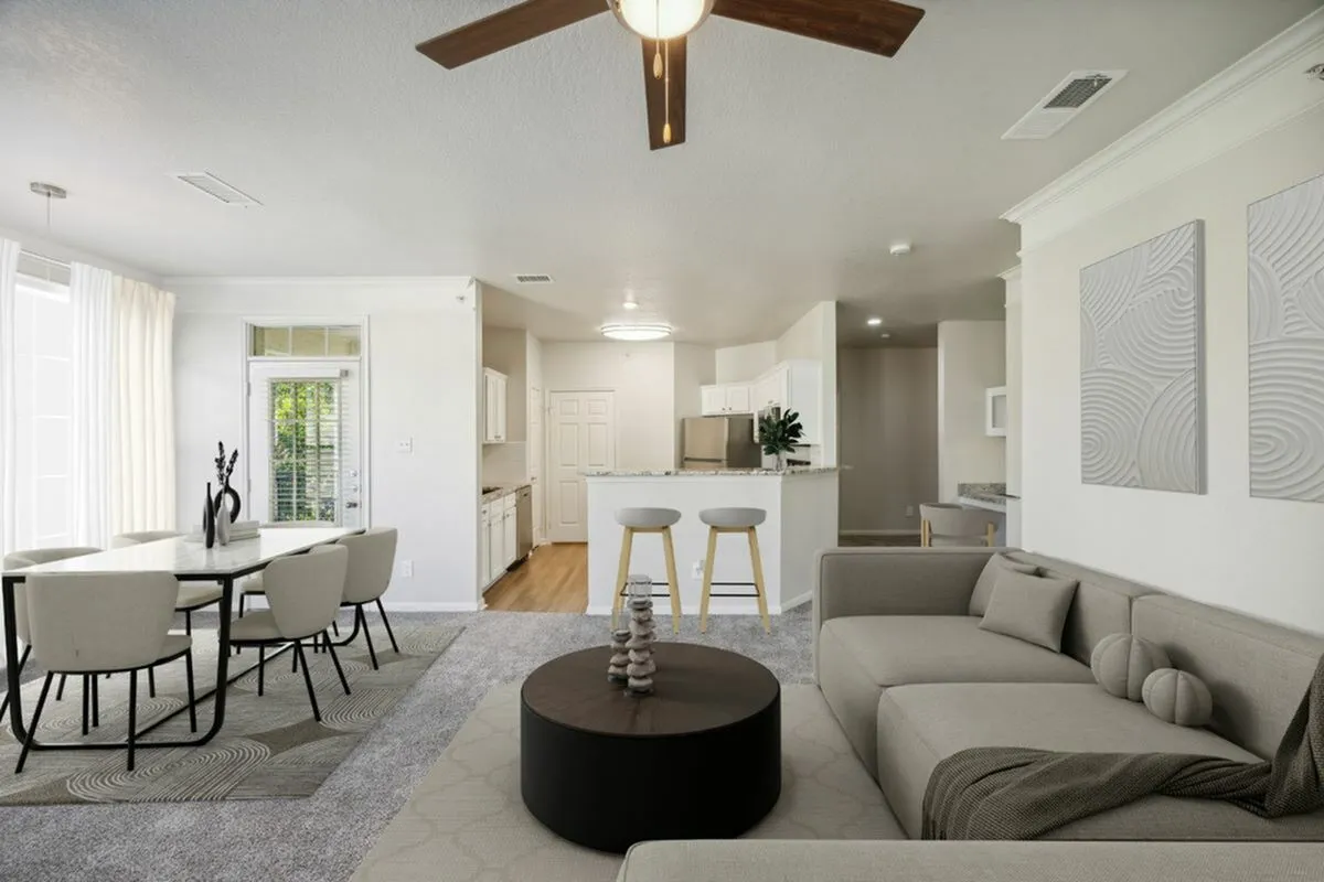 Newly Renovated Apartment with view of kitchen, dining room and living area.
