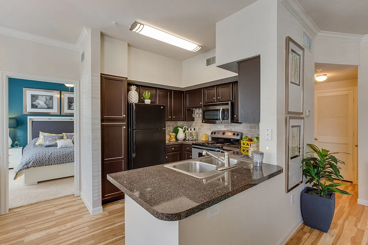 Modern apartment kitchen with sleek dark cabinetry, granite countertops, and stylish stainless steel appliances adjacent to a cozy, inviting bedroom at Raveneaux Apartments in Houston, TX..