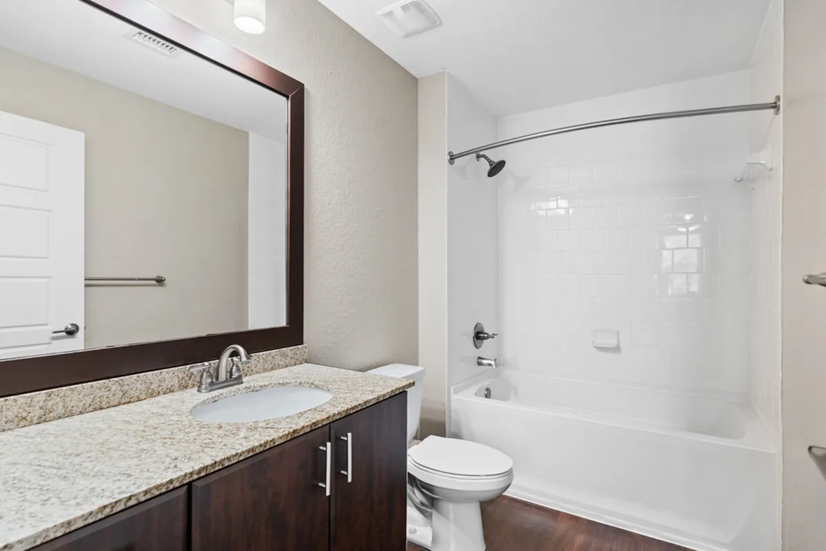 Modern bathroom featuring a sleek granite countertop with dark wood cabinets, large mirror, and pristine white bathtub.