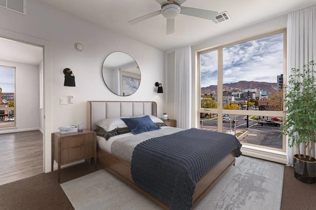View of Model Bedroom With Mountain View At Sugarmont Apartments in Salt Lake City