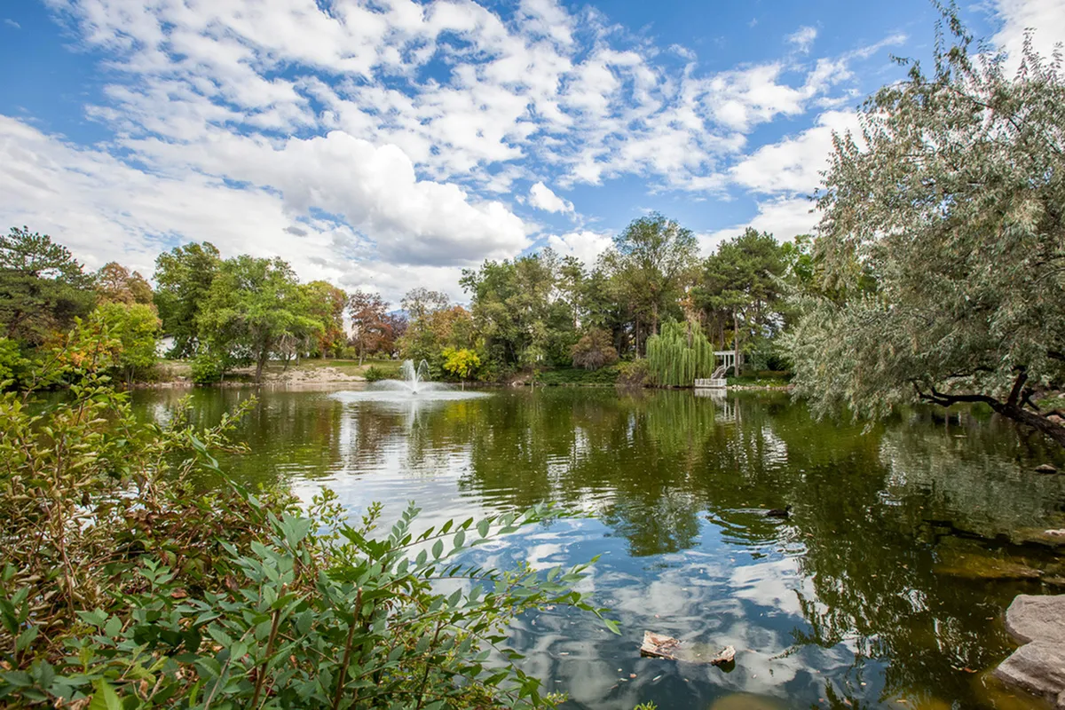 Serene lake view Fox Point in Old Farm Apartments surrounded by lush greenery and vibrant trees, with a picturesque fountain under a bright blue sky.