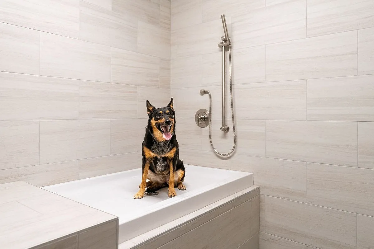 Pet-friendly apartment with modern tiled dog wash station and adjustable shower head  at Current Apartments in Murray Utah
