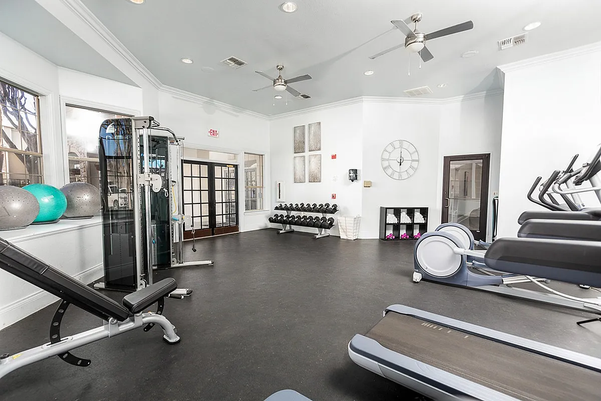 Bright and spacious fitness center at Stonebriar of Frisco Apartments equipped with modern cardio machines, weight rack, and exercise balls, perfect for a dynamic workout experience.