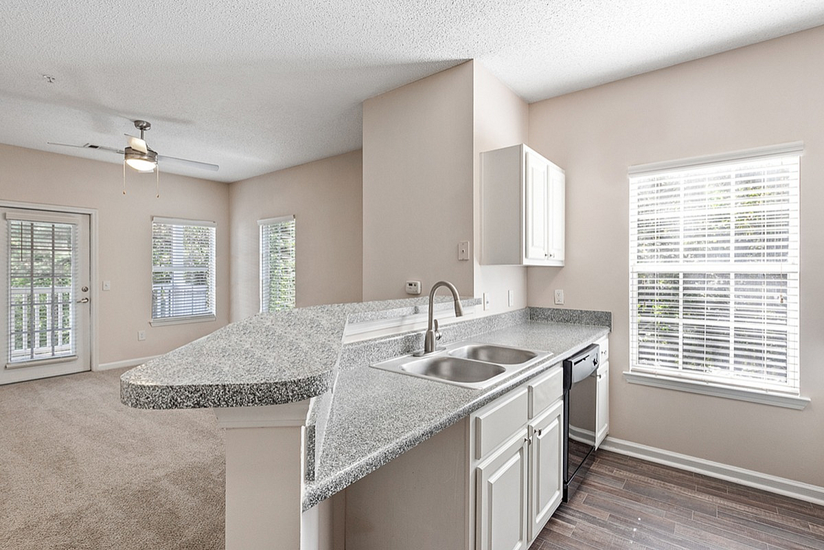 Bright open kitchen at Summer Park Apartments with modern countertops and a spacious living area, featuring large windows and elegant fixtures.