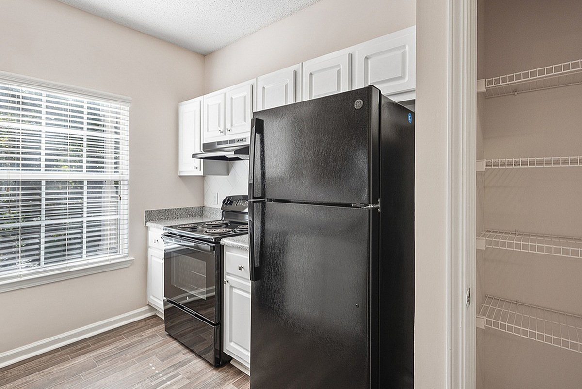 Modern kitchen featuring sleek black appliances, white cabinetry, and sunlit ambiance with ample pantry space at Summer Park Apartments.