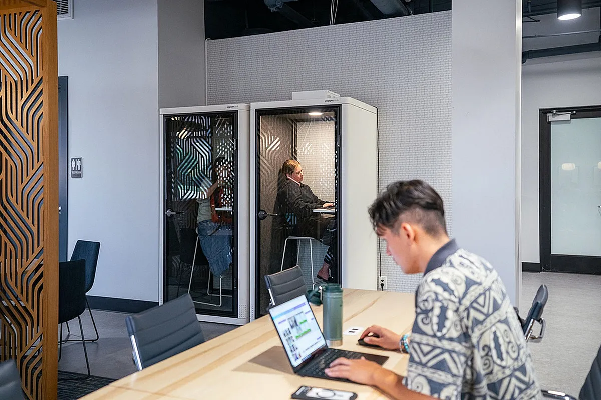 Modern co-working space at Park Avenue Apartments featuring stylish decor, individual work pods for privacy, and a communal table with a professional working on a laptop.