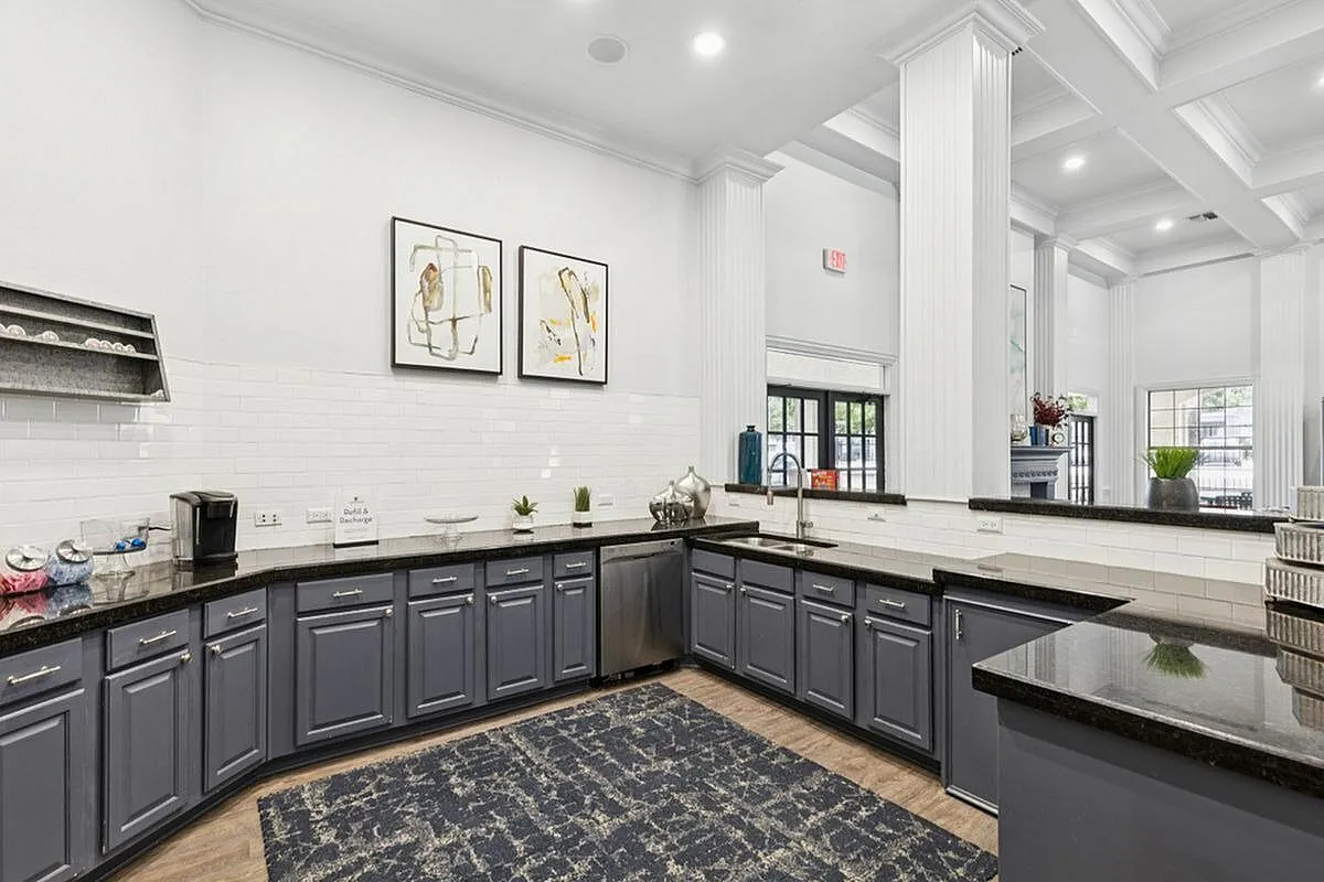 Elegant kitchen in coworking space with sleek black countertops, modern cabinetry, and artistic wall decor at Stonebriar at Frisco Apartments