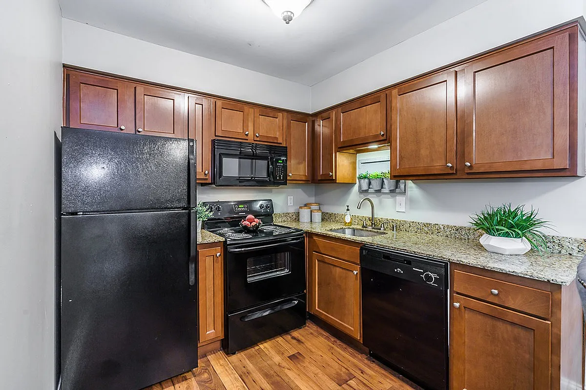 Modern kitchen at The Creeks on Kirklevington Apartments with sleek black appliances, warm wooden cabinetry, and elegant granite countertops, complete with potted greenery for a fresh touch.