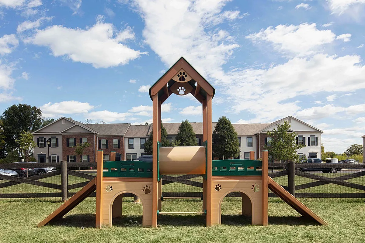 Charming apartment community with a vibrant pet playground and lush green surroundings, perfect for modern living at The Mill at Georgetown Apartments.