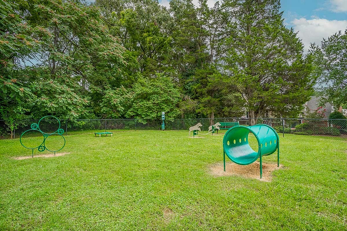 Charming green dog park at Park at Midtown Apartments featuring playful agility equipment surrounded by lush trees, perfect for pet-friendly apartment living.