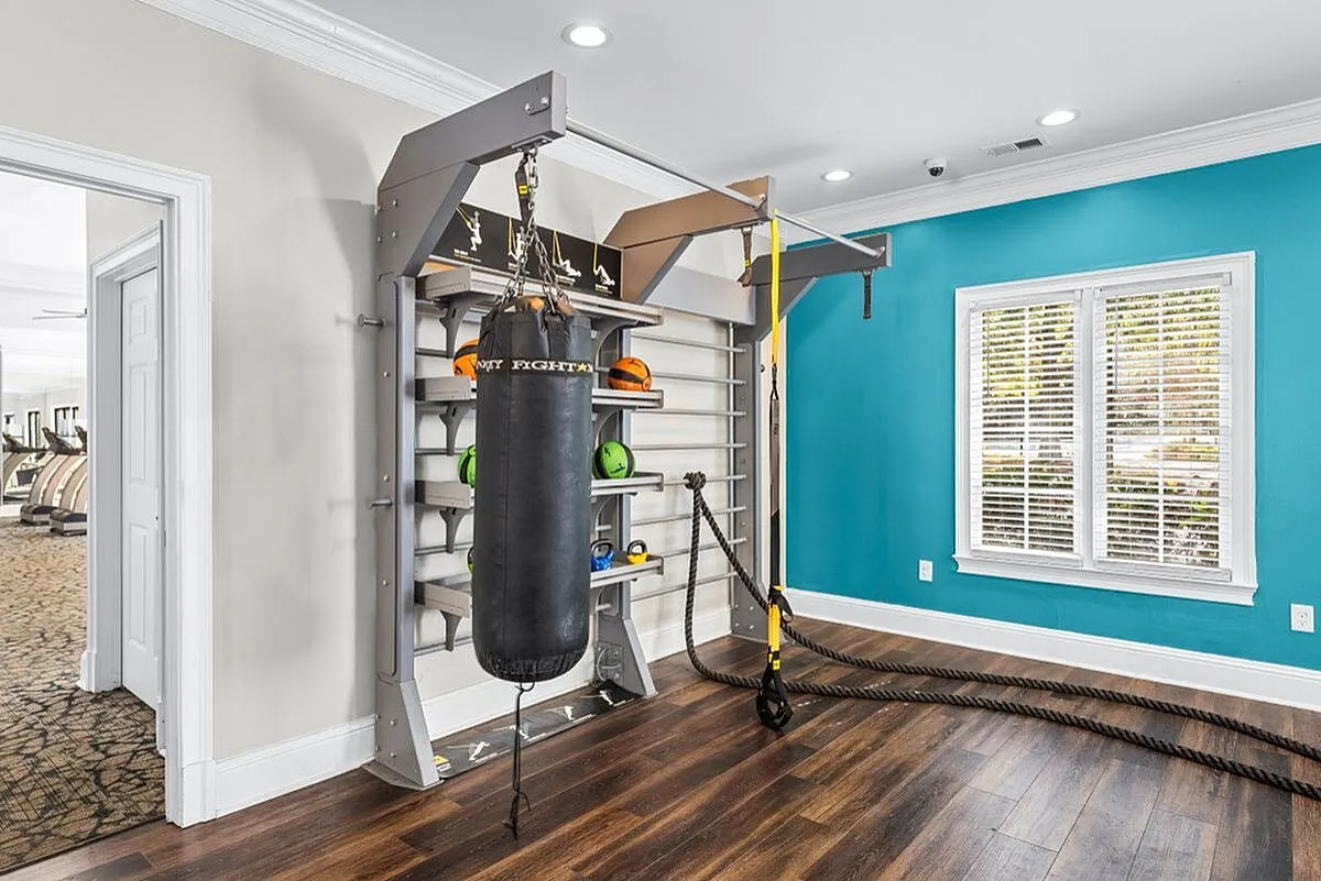 Contemporary fitness room with sleek equipment, featuring a black punching bag, colorful medicine balls, and a vibrant blue accent wall at Lake St James Apartments in Conyers GA.