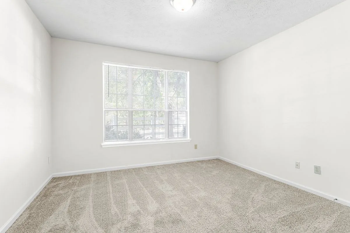 Bright, spacious room with plush carpeting and large window inviting natural light  at Lake St James Apartments.