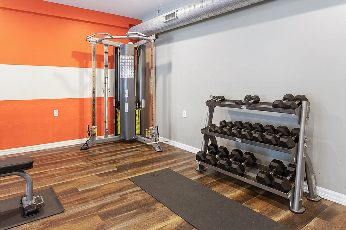 Modern apartment fitness center at Park at Oak Ridge Apartments with colorful accent wall, equipped with a multi-station weight machine and a full set of dumbbells on a sleek rack.