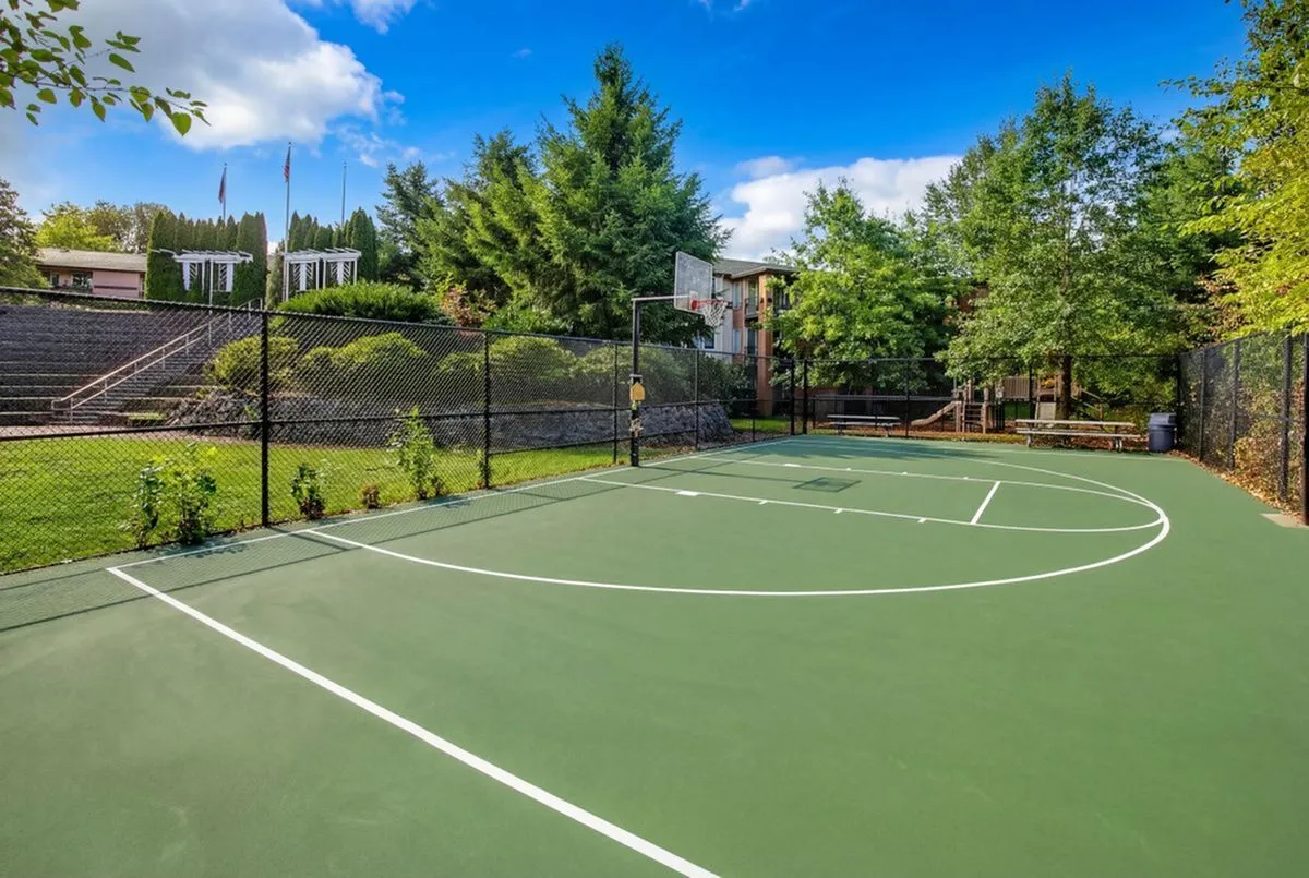Inviting outdoor basketball court surrounded by lush greenery and a serene residential backdrop at Scott Mountain Apartments in Portland