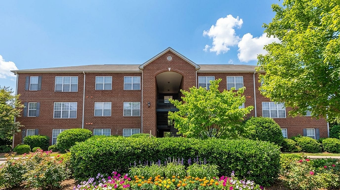 Charming brick apartment building with lush landscaping and vibrant flower garden, under a clear blue sky at Morgan Ridge Apartment in Winston-Salem