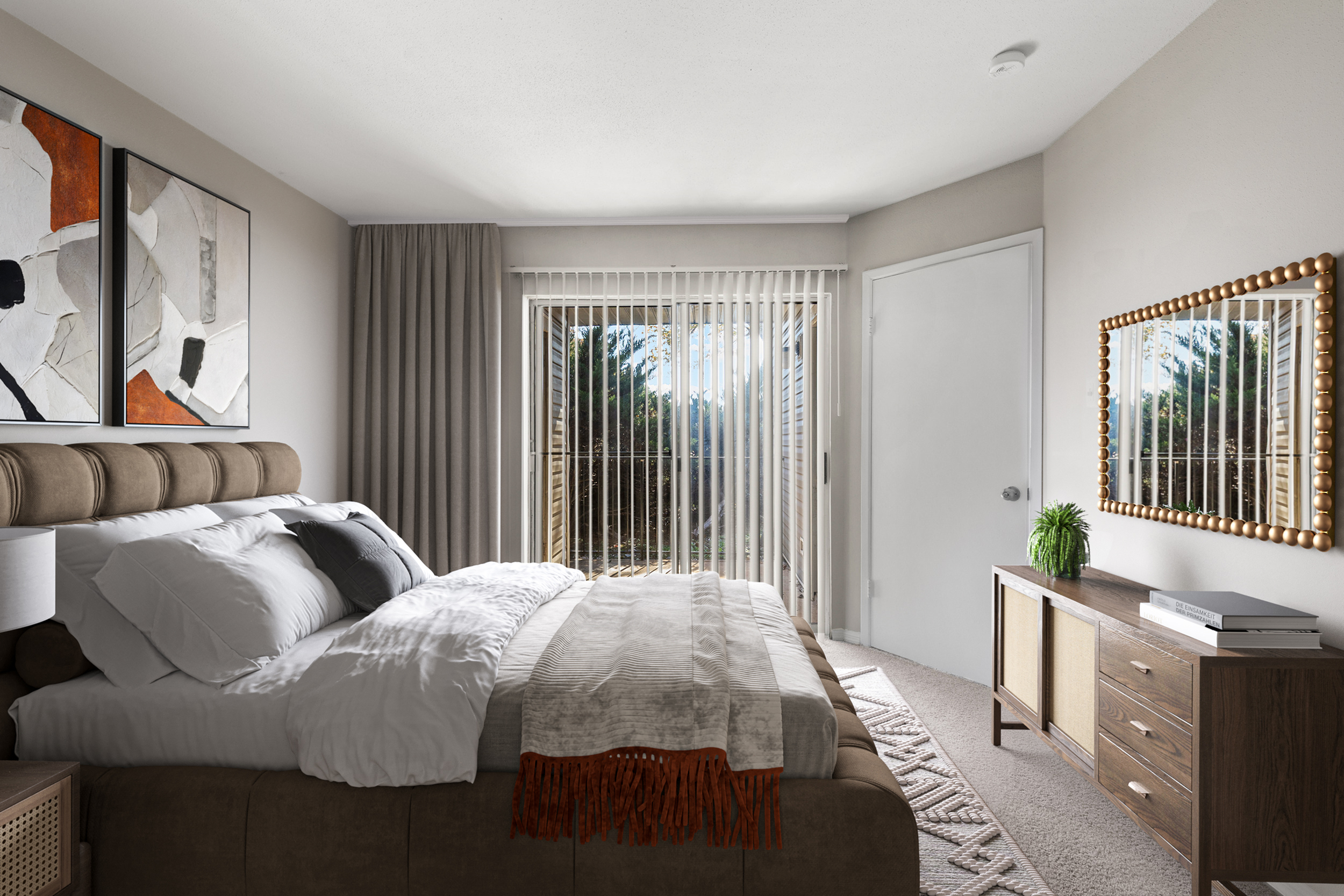 Elegant bedroom with plush bed, stylish artwork, and natural light streaming through vertical blinds, complemented by a modern dresser and decorative mirror.