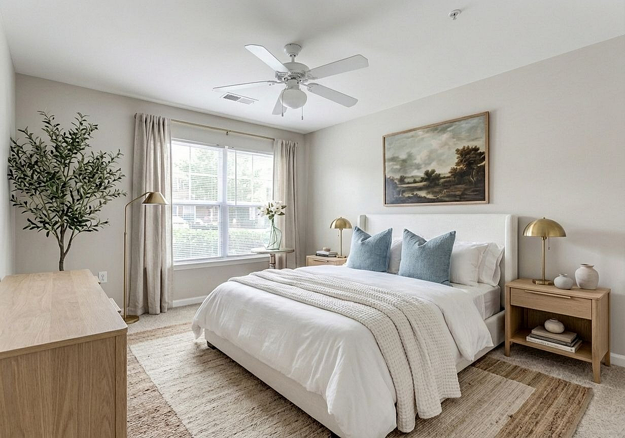 Bright and serene bedroom featuring a cozy bed with plush pillows, elegant decor, and natural light streaming through a large window at Stratford at Hillcrest Apartments