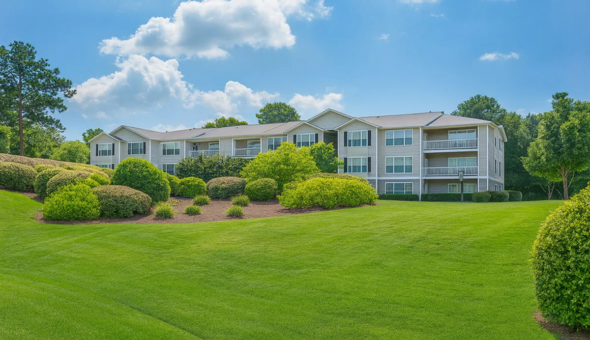 Charming apartment complex with lush landscaping, featuring expansive green lawns and mature trees against a vibrant blue sky backdrop at Lake St James Apartments in Conyers, GA.