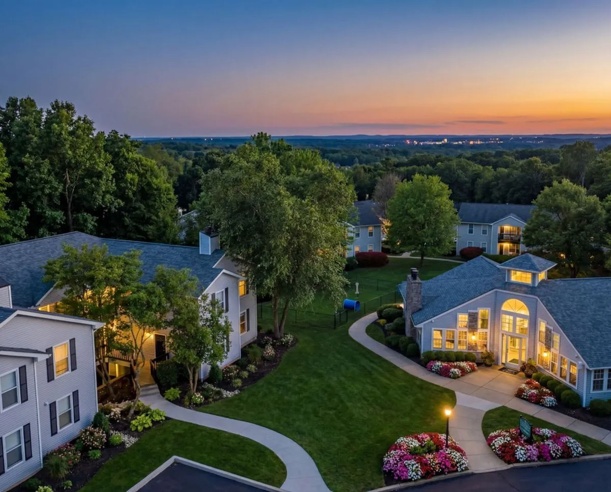 Charming sunset view of a lush apartment community with beautifully landscaped gardens and inviting pathways at The Retreat at Stillmeadow