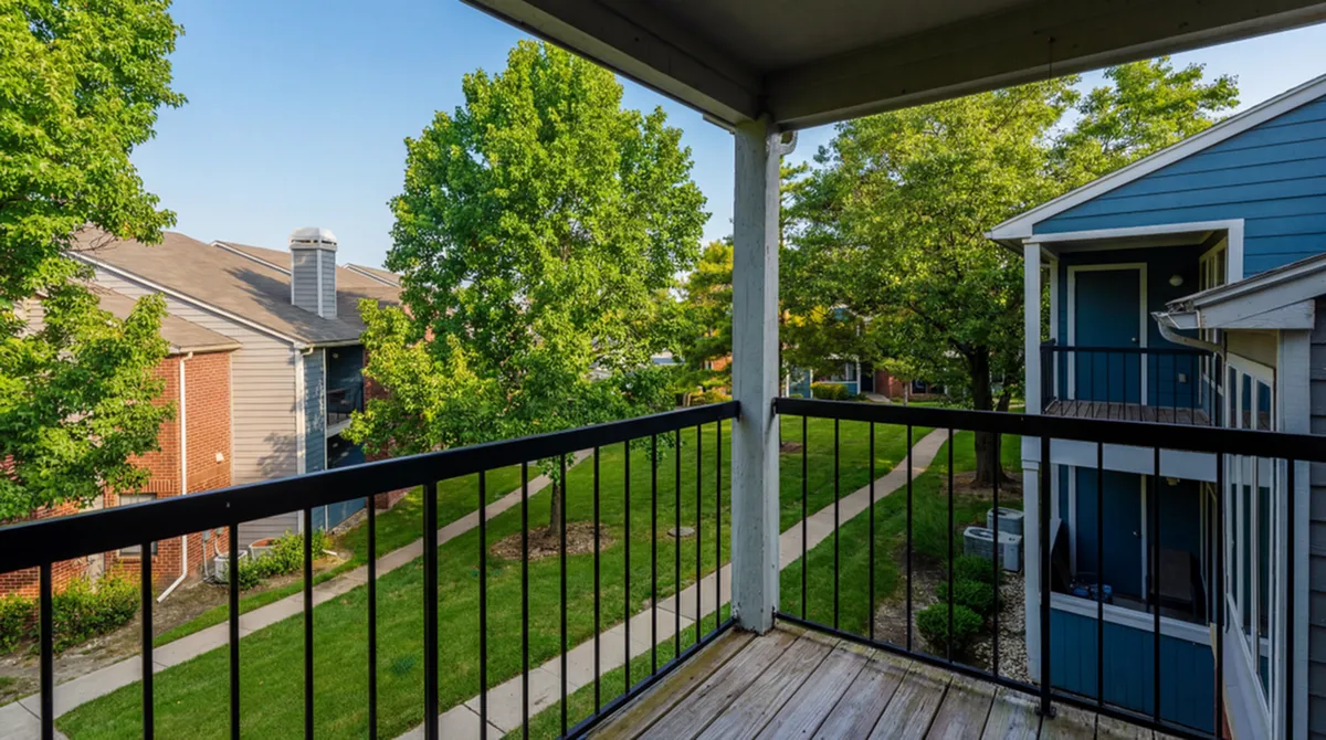 Charming balcony view overlooking lush green courtyard and neighboring apartments, perfect for serene outdoor relaxation at Timber Hollow Apartments