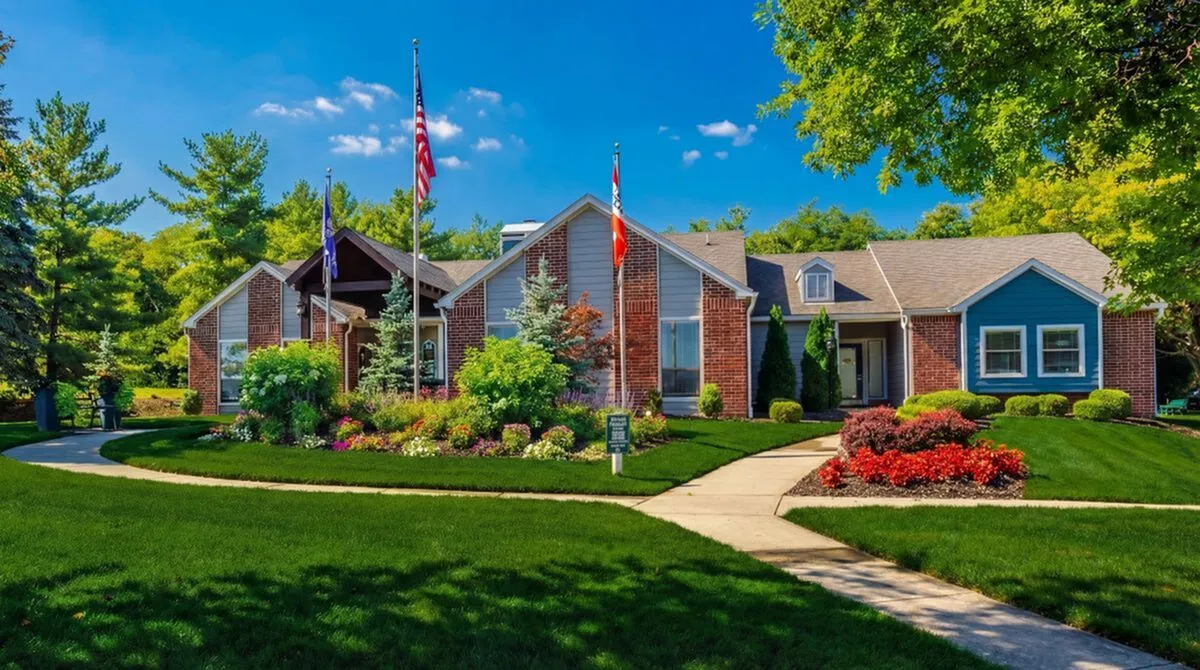 Charming brick building surrounded by lush greenery and vibrant flower beds, featuring a welcoming pathway and majestic flagpoles under a bright blue sky at Timber Hollow Apartments